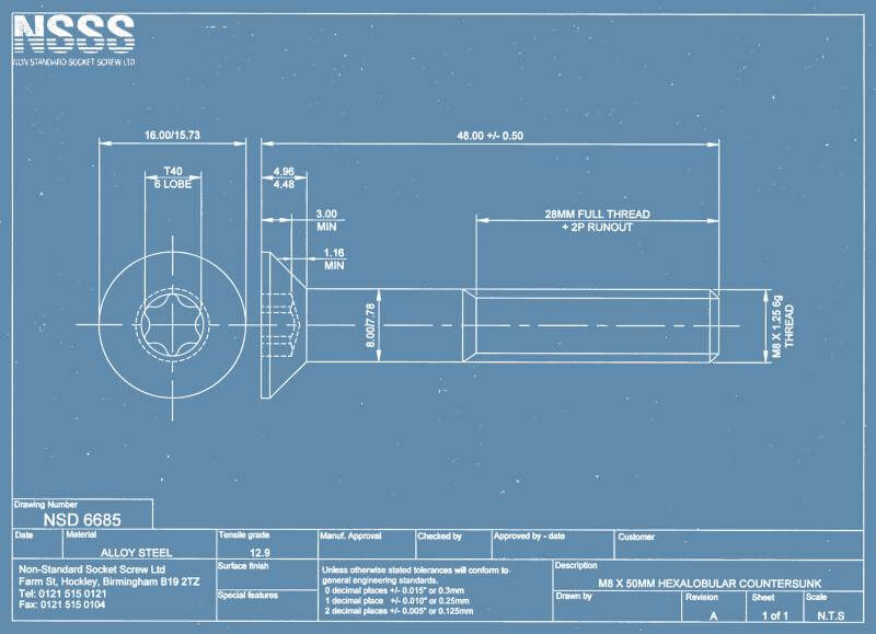 Fasteners to your drawing Non Standard Socket Screws